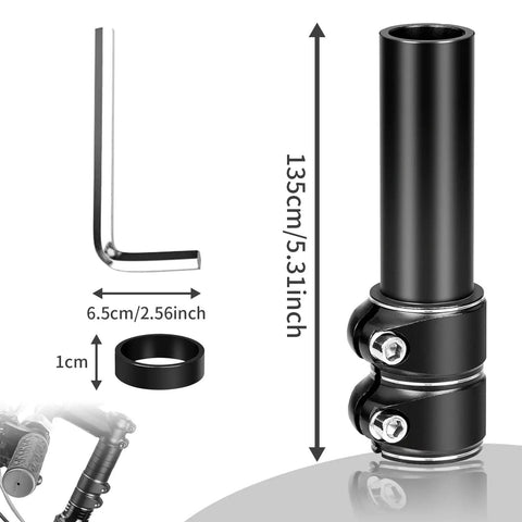 Adjustable Bike Stem Riser Handlebar Extender That Boosts Your Ride Up To Five Point Two Inches Rise For One And One Eighth Inch Steerer Fits Road MTB BMX Cycles Aluminum Alloy Black Finish shown with screws and measurements