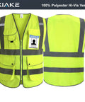 Straight Up Durable High Visibility Reflective Safety Vest With Nine Roomy Pouches Meets Ansi Isea Class 2 Standards For Night Shifts And Construction Jobs Comes In Flawless Neon Yellow Large showing front and back view.