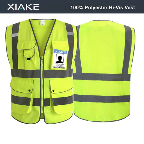 Straight Up Durable High Visibility Reflective Safety Vest With Nine Roomy Pouches Meets Ansi Isea Class 2 Standards For Night Shifts And Construction Jobs Comes In Flawless Neon Yellow Large showing front and back view.