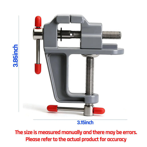 Heavy Duty Cast Iron Bench Vise With 360 Swivel Base showing dimensions 3.15inch x 3.86inch for compact desk workholding.