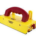 Side view of Milescraft GrabberPro push block, yellow plastic body, red ergonomic handle, for table saws.