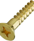 Flat Head Countersink Wood Screws, Solid Brass, Phillips Drive, Size 8, Length 5/8 Inch, close-up of screw threads and head