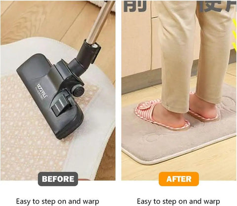 Image showing vacuum on rug in 'before' and person standing on flat rug in 'after' with non slip rug pad grippers for hardwood and tile.