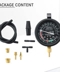 Acymner vacuum and fuel pump tester gauge kit with black dial gauge, brass fittings, and coiled hose