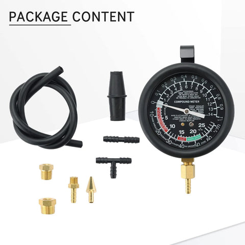 Acymner vacuum and fuel pump tester gauge kit with black dial gauge, brass fittings and hose