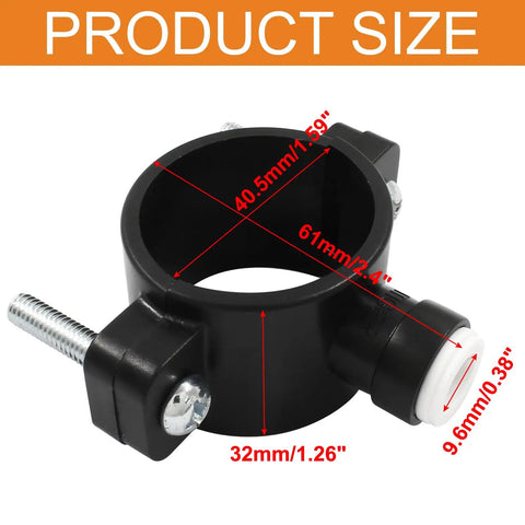 Drain Saddle Valve With Quick Connect Clamp For Under Sink Water Filtration And Reverse Osmosis Systems, sizing details shown