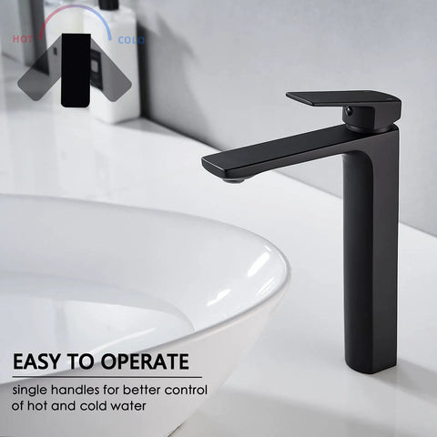 Tall Vessel Sink Faucet For Bathroom Vanity Single Hole Solid Brass Mixer 1.2 GPM Lead Free Durable Ceramic Cartridge Rust Resistant Finish RV Compatible Vanity Faucet with matte black single-handle operation.
