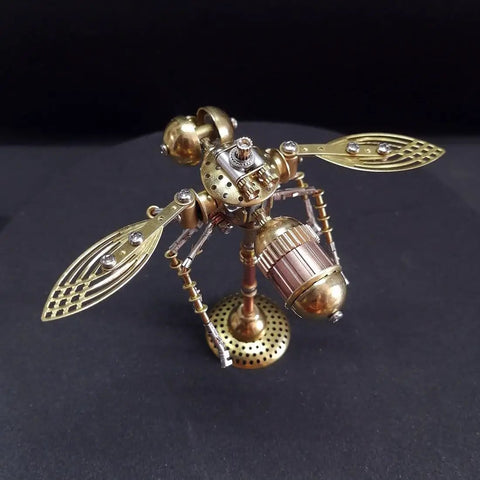 Steampunk 3D Mechanical Bee Model Kit With 158 Pieces, DIY Insect Puzzle For STEM Fans, Teens And Adults, Cool Desk Display Sculpture With Exposed Gears, Layered Wings And Working Details., brass bee model with open gears and layered wings on display