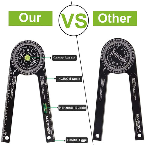 Two aluminum miter saw protractors with built-in level, inch/CM scale, front view.