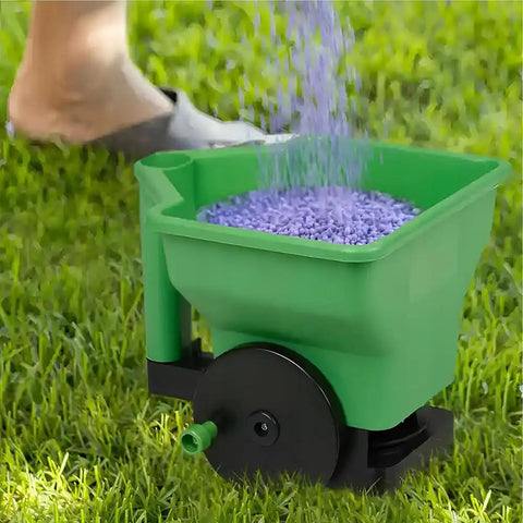 Handheld Fertilizer Spreader For Lawns And Gardens, 3L Capacity, Adjustable Broadcast Spreader in use on grass