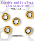 RCMT0602 round carbide milling inserts, five gold-colored pieces, front view