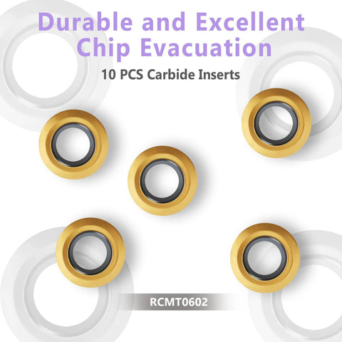 RCMT0602 round carbide milling inserts, five gold-colored pieces, front view