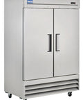 Commercial Two Door Reach In Freezer 54 Inch Wide 47 Cubic Foot Capacity Stainless Steel Double Door Cold Storage side view.
