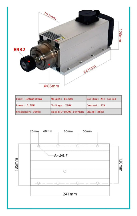 Air Cooled Spindle Motor For Milling Machines 220V 380V High Torque CNC Z Axis ER32 Collet Chuck 800W To 6KW Power Range