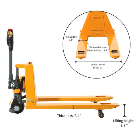Apollo Full Electric Pallet Jack With 3300 Lbs Capacity And Forty Eight By Twenty Seven Inch Forks detailed measurements and features.