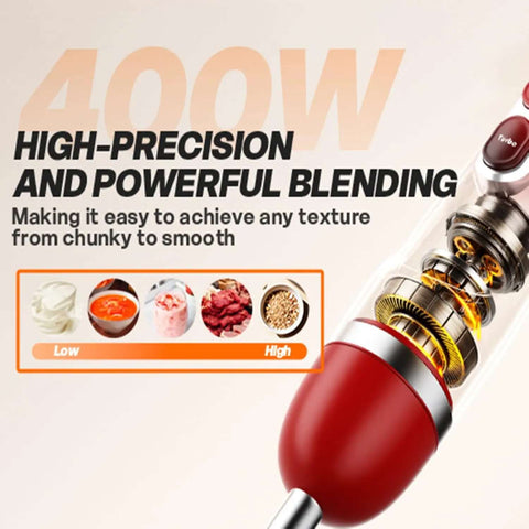 Knockout Corded Immersion Blender With 400 Watt Motor And Turbo Boost showing blending mechanism for different textures.