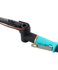 Knockout Heavy Duty Pneumatic Air Belt Sander With 360 Swivel Handle For Weld Prep And Rust Stripping Built Tough On The Jobsite For Smooth Finish Results angled view showing sanding belt setup.