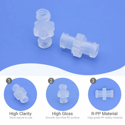 Individually Wrapped Luer Lock Fittings 100 Pack With Anti Slip Grip Syringe Connectors And Caps For Lab And Industrial Use Female To Female couplers shown on blue background