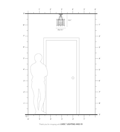 Diagram showing Three Light Brushed Nickel Hanging Lantern Or Flush Mount Chandelier dimensions in dining room or foyer setting.
