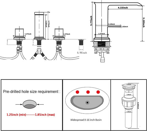 Technical diagram of Matte Black Waterfall Bathroom Faucet, Widespread 3 Hole 2 Handle Modern Sink Faucet With Pop Up Drain