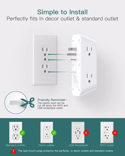 Simple installation guide for Badass Surge Protector Outlet Extender fitting into decor and standard outlets.