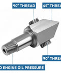 Oil Pressure Sensor Thread Adapter With Dual 1/8-27 NPT Ports 45 Degree And 90 Degree Angles Plug In Ready Multi Sensor Metering Adapter For GM Chevy 305 And 350 Oil Pressure And Temperature Sensors stainless steel