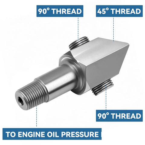 Oil Pressure Sensor Thread Adapter With Dual 1/8-27 NPT Ports 45 Degree And 90 Degree Angles Plug In Ready Multi Sensor Metering Adapter For GM Chevy 305 And 350 Oil Pressure And Temperature Sensors stainless steel