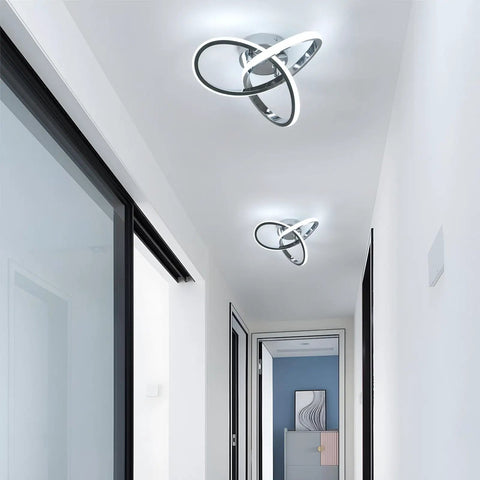 Lit Modern Ceiling Light With 6500K Cool White LED Metal Curved Design Ceiling Fixture Sleek Chrome Finish in hallway view