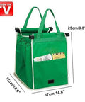 Green Two Pack Reusable Shopping Cart Trolley Bags Clip On Collapsible Grocery Tote Bags with handles, dimensions shown.