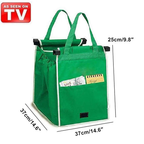 Green Two Pack Reusable Shopping Cart Trolley Bags Clip On Collapsible Grocery Tote Bags with handles, dimensions shown.