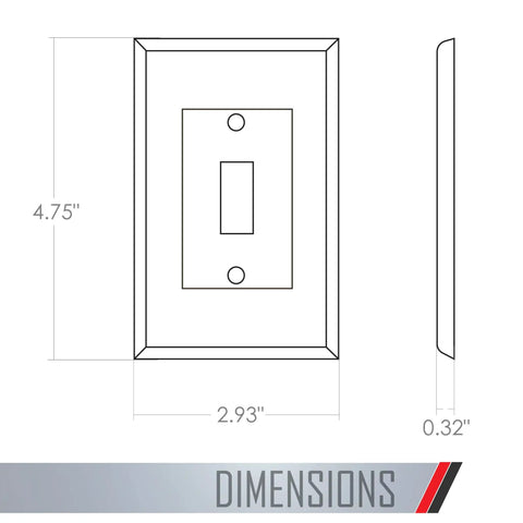 Dimensions diagram of Masque 1 Gang Decorator Style Toggle Switch Cover Up Wall Plate White 5 Pack Jumbo Size showing height, width, depth.