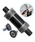 BB UN26 Square Taper Bottom Bracket For 68 By 123, 68 By 127, And 68 By 110 Mm, Black 1 Piece, close-up with bolts, installation inset