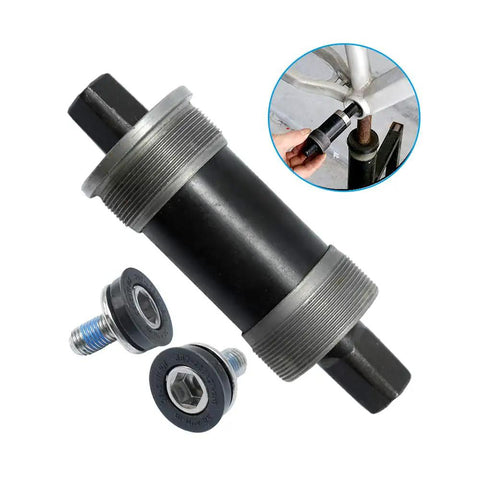 BB UN26 Square Taper Bottom Bracket For 68 By 123, 68 By 127, And 68 By 110 Mm, Black 1 Piece, close-up with bolts, installation inset