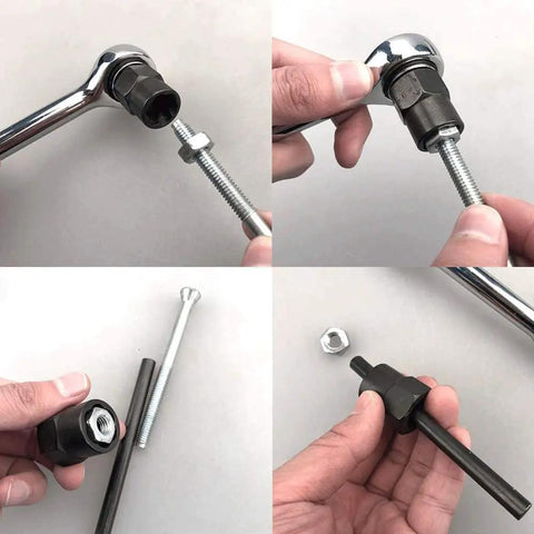11 Piece Twist Socket Set For Damaged Bolts And Lug Nuts 9mm To 19mm Nut Remover Kit in use, showing socket attachment and punch rod