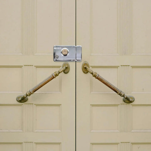 Premium Interior Door Deadbolt Lock Set in Stainless Steel Finish Heavy Duty Bedroom Door Security Kit with Smooth Turning Key Left Hand Configuration for Home Reno and Residential Upgrade Projects on double doors.
