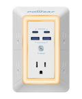 Multi Wall Outlet Surge Protector Plug And Play Setup With Five Adapter Spaced Outlets Four Usb C Fast Charge Ports Soft Night Light Etl Safe White Home Office Must Have front view with USB ports and night light
