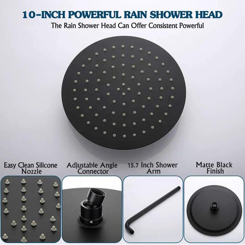 10-inch round matte black shower head with silicone nozzles and adjustable connector, part of Rain Shower System With Handheld And Wall Mount Slick Brushed Nickel Finish Easy Install Modern Spa Vibe For Any Bathroom Upgrade With High Pressure Water Falls.