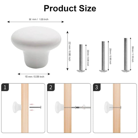 White Ceramic Cabinet Knobs 4 Pack Round Dresser Knobs For Kitchen Cabinets Drawers Nightstands And Bathroom Vanities Durable Ceramic With Metal Shaft 32mm Diameter 22mm Height Easy Install Upgrade size chart and screw lengths