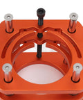 Close-up of Heavy Duty Metal Router Lift Base Kit with Four Jaw Clamp, showing smooth crank handle and steel design for woodworking tables.