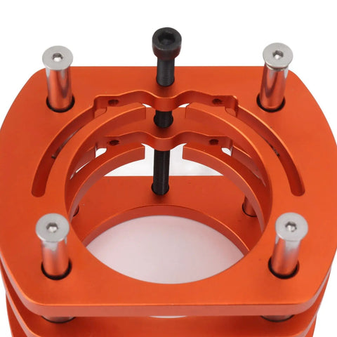 Close-up of Heavy Duty Metal Router Lift Base Kit with Four Jaw Clamp, showing smooth crank handle and steel design for woodworking tables.