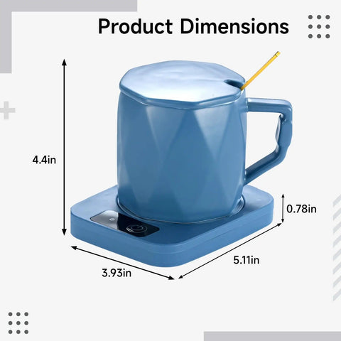 Product dimensions of One Tap Control Keeps Your Morning Brew Piping Hot At 55 Degrees ceramic coffee cup warmer, showing size and design.