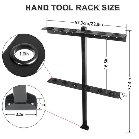 Diagram of Heavy Duty Shovel Holder For Truck And Trailer, 6 Tool Holes, Rubber Grommets, Weatherproof Steel, size details shown