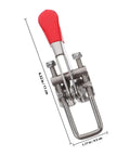 Heavy Duty Stainless Steel Toggle Latch Clamp Pair with adjustable pull lock, compact design, red handle, dimensions shown