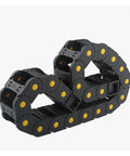 Heavy Duty 1000mm Cable Drag Chain With End Connector Tough As Nails Wear Resistant Transmission Wire Harness Protector For Robots And Machinery Dual Row Smooth Travel System, view of black polymer chain with yellow connectors.