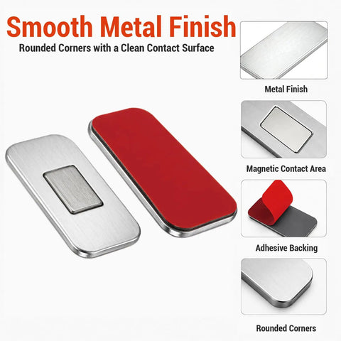 8 Pack Magnetic Cabinet Door Catch Set with slim stainless steel design, smooth metal finish, adhesive backing, and rounded corners