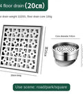 Top Shelf Built Tough Premium Stainless Steel Shower Drain Featuring Removable Odor Trap And Fast Flow Drainage Channel For Humid Bathrooms And Heavy Duty Plumbing Upgrades, 20cm size with square design.