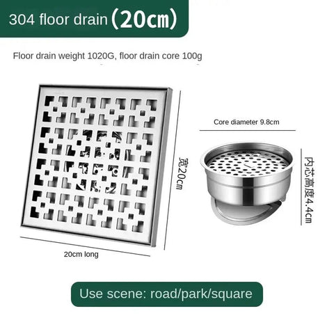 Top Shelf Built Tough Premium Stainless Steel Shower Drain Featuring Removable Odor Trap And Fast Flow Drainage Channel For Humid Bathrooms And Heavy Duty Plumbing Upgrades, 20cm size with square design.