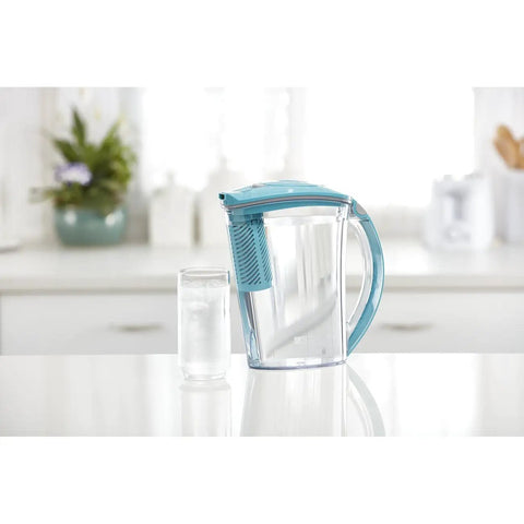10 Cup Water Filter Pitcher With One Stream Filter For Tap Water, BPA Free, Lake Blue, shown in a modern kitchen