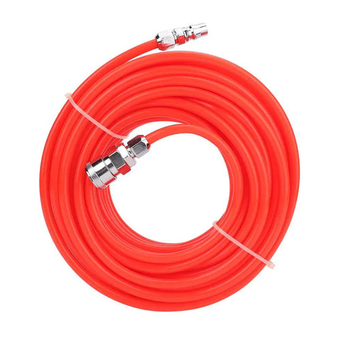 Real Deal Air Compressor Hose Features Flexible Eva Design Handling High 12kg Pressure Does Not Kink Includes 5mm And 8mm Connections For Fast Dual Attach On Pneumatic Systems Making Tool Fixes Simple With Zero Leaks During Daily Workloads. red EVA air compressor hose with quick fittings coiled for pneumatic tools
