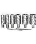 6-piece annular cutter set, 3/4 in dia, Weldon shank, 2 in depth, HSS slugger bits with two pilot pins